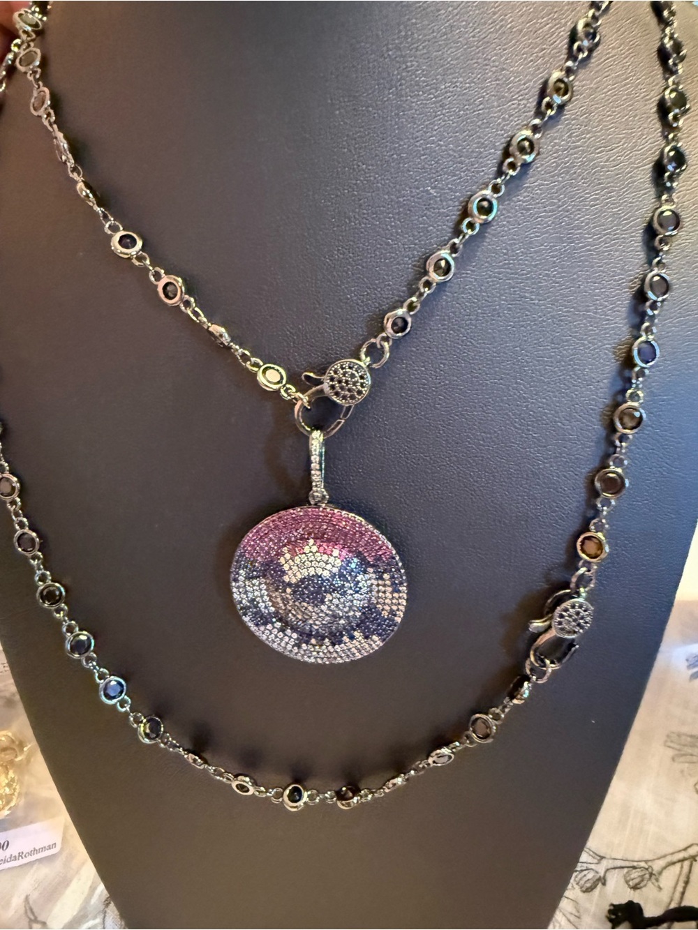Multicolor Pave Disc Pendant, brass in matte Rhodium